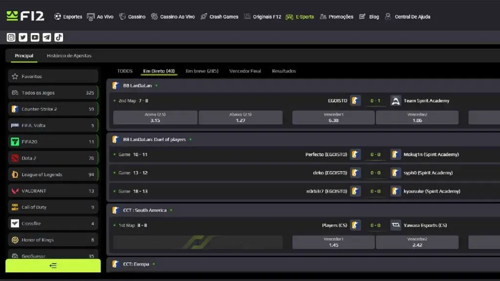 Captura de tela do site oficial da F12 bet mostrando os principais mercados de aposta da F12 bet para e-Sports.