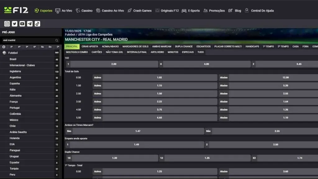 Captura de tela do site oficial na F12 bet mostrando os principais mercados de aposta da plataforma.