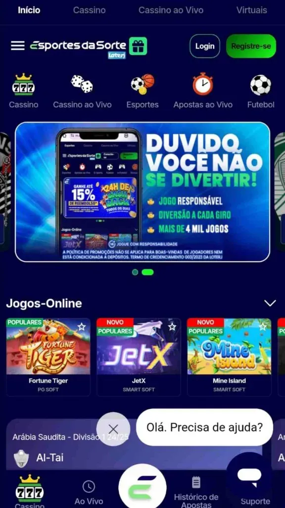 Captura de tela com a home page do site da Esportes da Sorte.