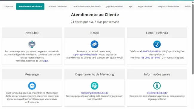 Captura de tela do site oficial da Novibet indicando as opções de canais de atendimento ao cliente.