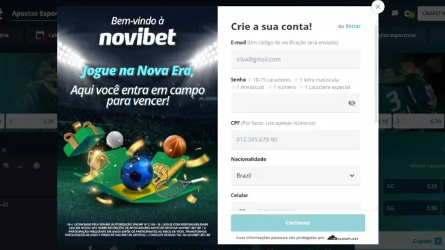 Captura de tela do site oficial da Novibet indicando os dados necessários para o cadastro.