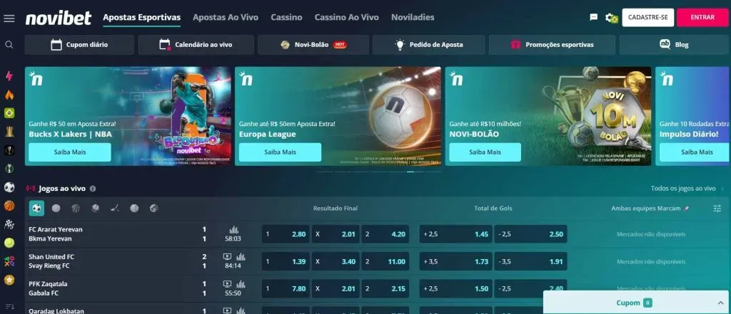 Captura de Tela do site oficial da Novibet mostrando a página inicial da Plataforma