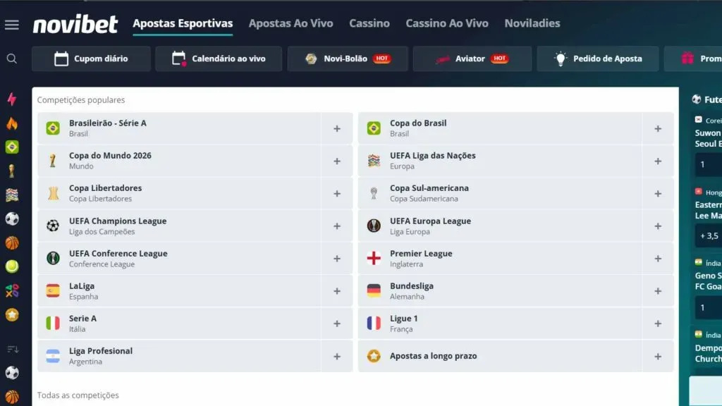 Captura de tela do site oficial da Novibet mostrando as opções de campeonatos para apostar em futebol.