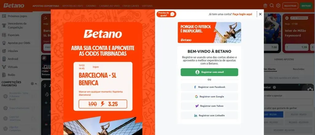 Captura de tela do site oficial da Betano mostrando a tela de cadastro na casa de apostas.