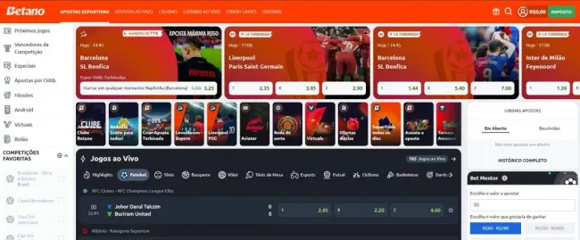 Página inicial da Betano mostrando as principais apostas disponíveis.