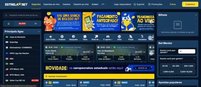 Captura de tela do site oficial da Estrelabet mostrando a página inicial da área de apostas esportivas.