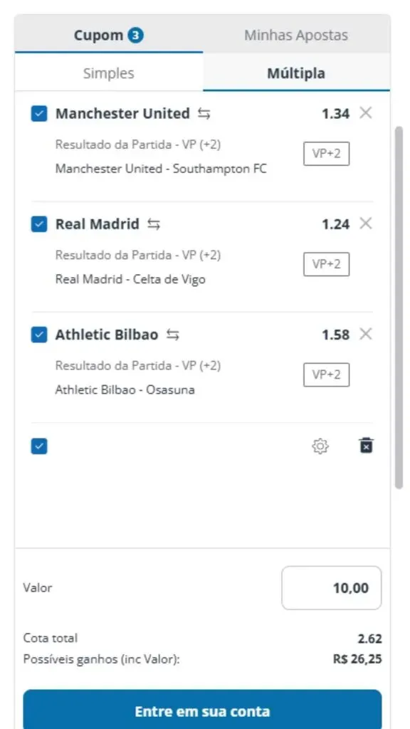 Captura de tela de um bilhete de apostas no site da Sportingbet