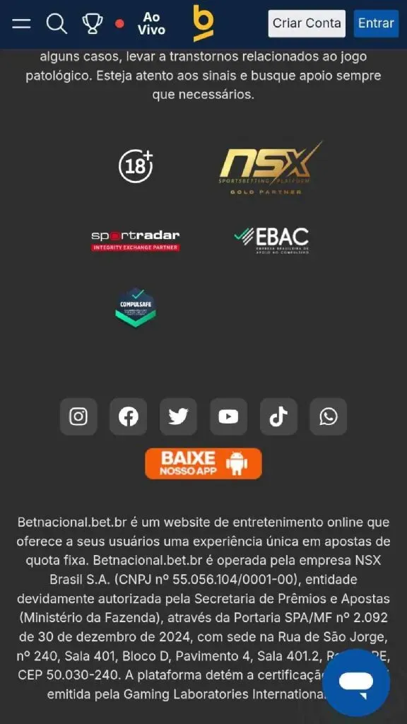 Captura de tela da versão mobile do site da Betnacional mostrando o botão que deve ser usado para iniciar o download do aplicativo.