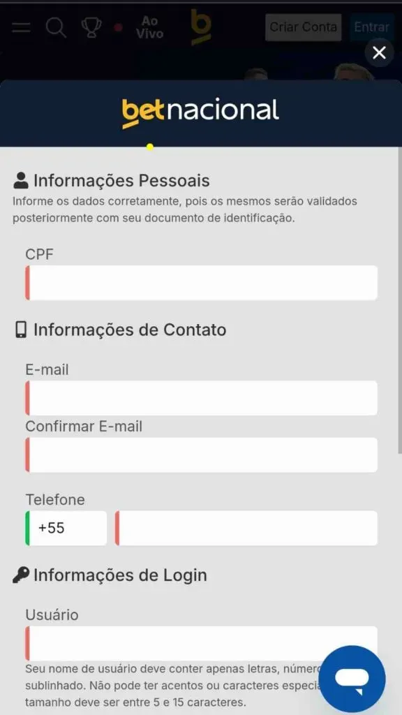 Captura de tela da versão mobile do site da Betnacional mostrando os campos necessários para realizar o registro