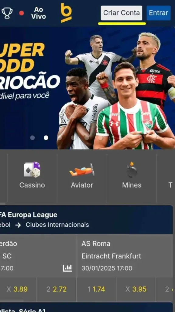 Captura de tela da versão mobile do site da Betnacional mostrando o botão para iniciar o processo de cadastro