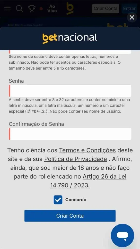 Captura de tela da versão mobile do site da Betnacional mostrando os últimos dados necessários para conclusão do cadastro.