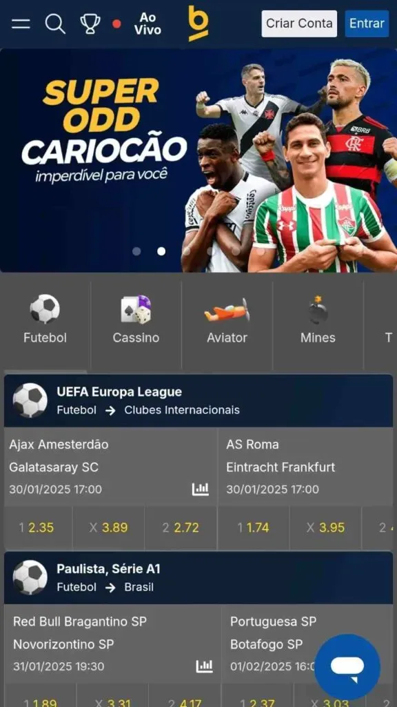 Captura de tela da versão mobile do site da Betnacional mostrando a página inicial
