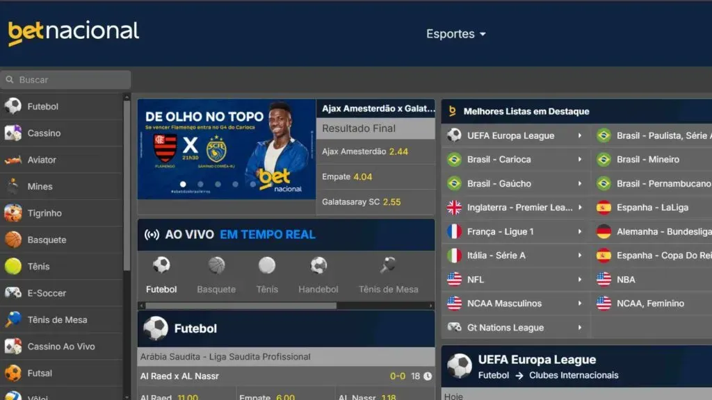 Captura de tela do site da Betnacional mostrando as opções iniciais de apostas.