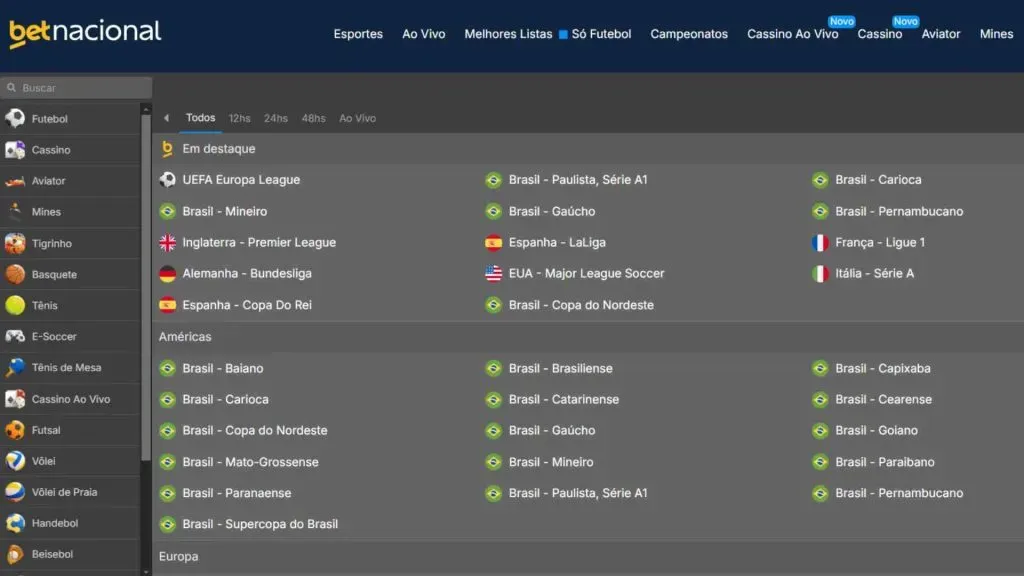 Captura de tela do site da Betnacional mostrando as opções de eventos para apostar em futebol.