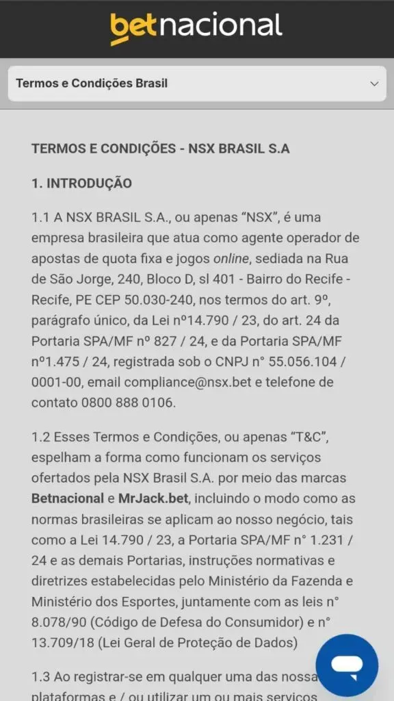 Captura de tela da versão mobile do site da Betnacional mostrando os Termos e condições para abertura de conta na empresa.