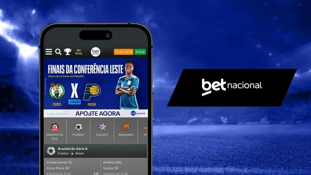 Imagem ilustrativa mostrando o app da Betnacional em um celular. No lado direito da imagem está localizada a logomarca da empresa.
