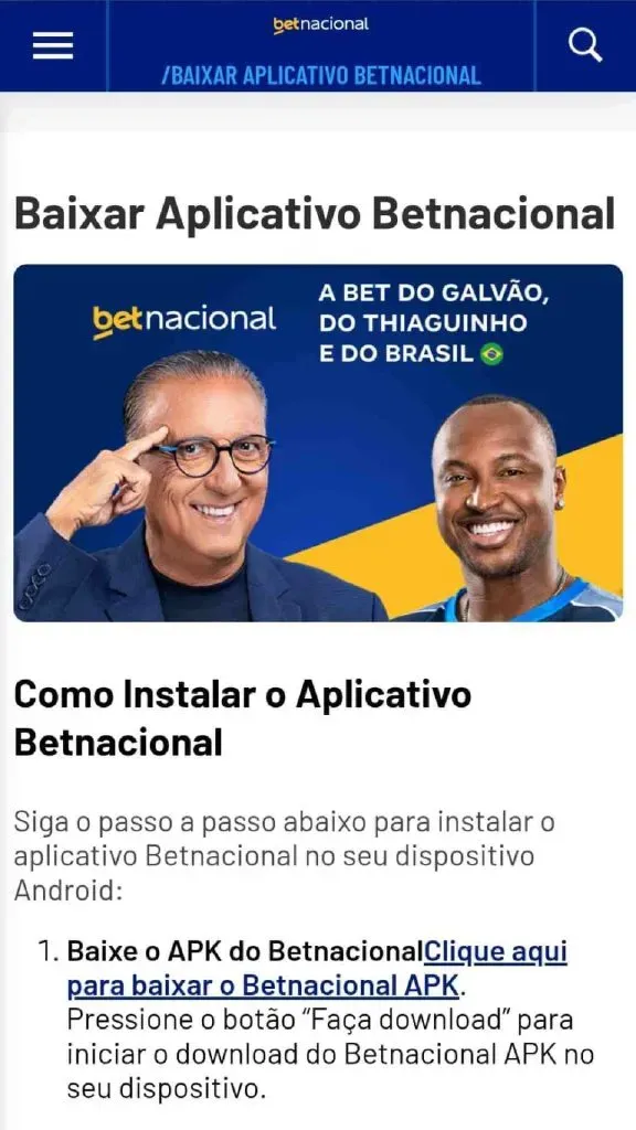 Captura de tela da versão mobile do site da Betnacional mostrando a página de download do aplicativo