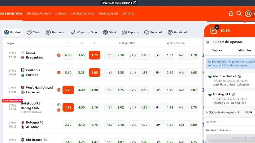 Captura de tela do site da Betano mostrando mercados e jogos para Criar Aposta com a Betano.