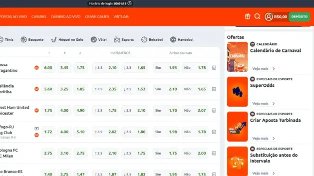 Captura de tela do site oficial da Betano mostrando as ofertas no lado direito da imagem.