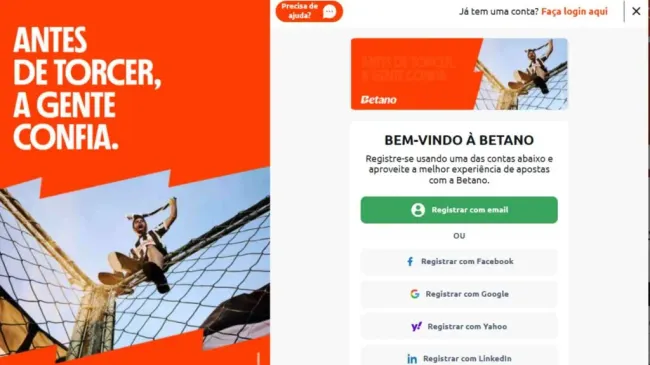 Captura de tela da página de cadastro da Betano. No canto direito a página exibe as opções de cadastro com o Código Promocional Betano.