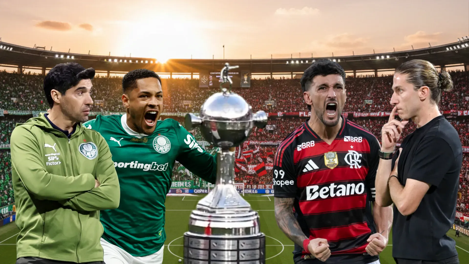 Abel Ferreira e Vitor Roque do Palmeiras enfrentam Filipe Luís e Arrascaeta do Flamengo. Fotos: Marcello Zambrana/AGIF, Miguel Schincariol/Getty Images, Jorge Rodrigues/AGIF e Thiago Ribeiro/AGIF