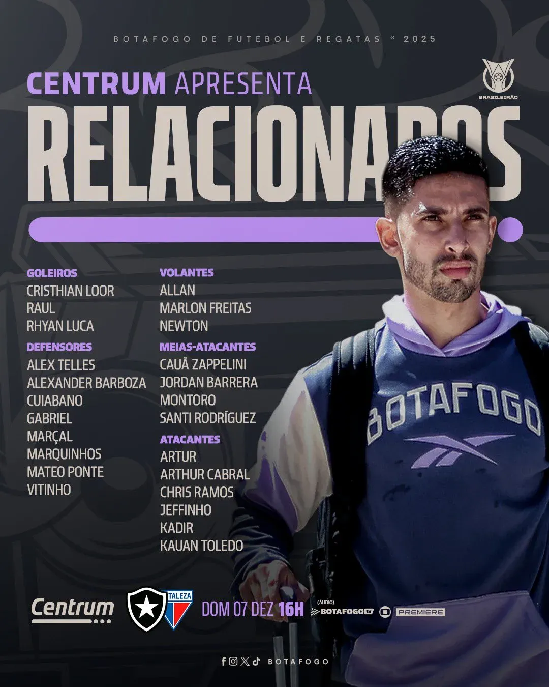 Botafogo divulgou os relacionados para duelo contra o Fortaleza. Foto: Divulgação/Botafogo