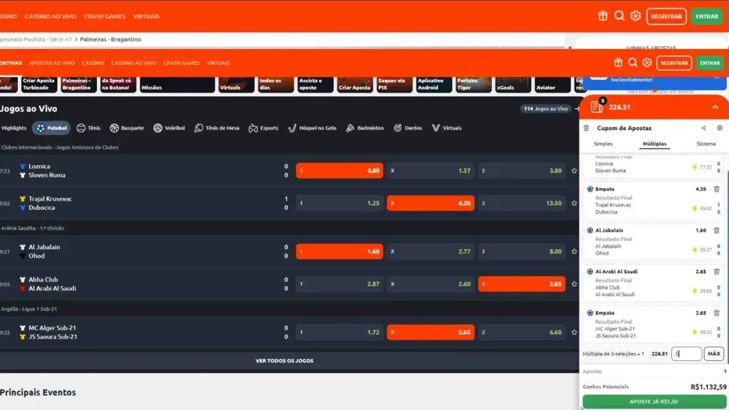 Selecione quantos mercados quiser, defina o valor da aposta, e depois confirme.