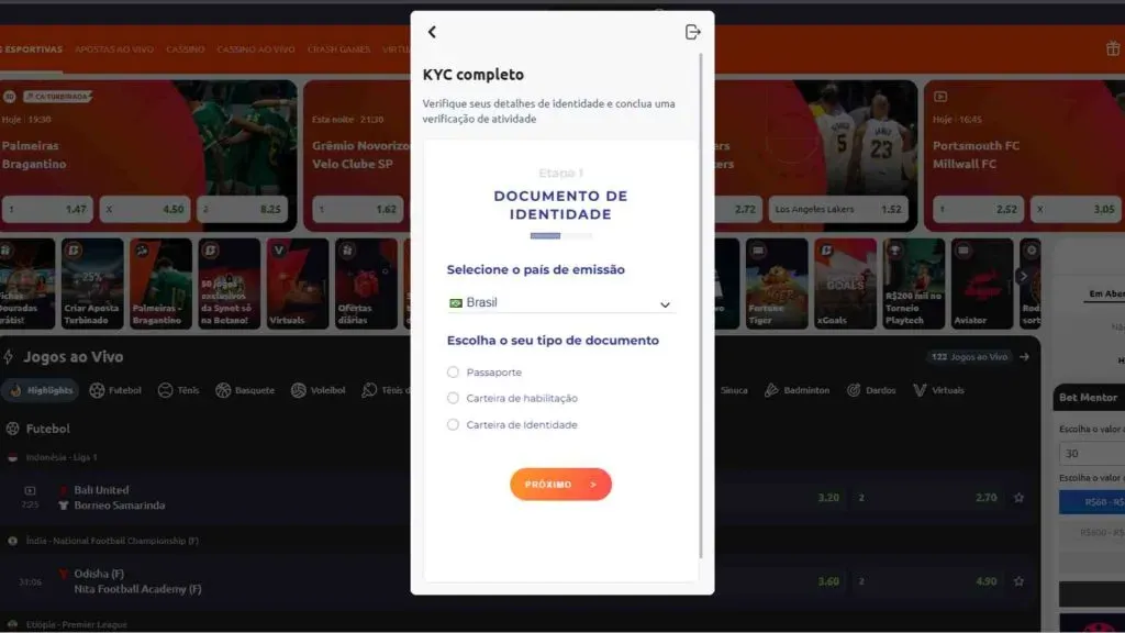 Escolha entre Passaporte, CNH ou RG para realizar a verificação.