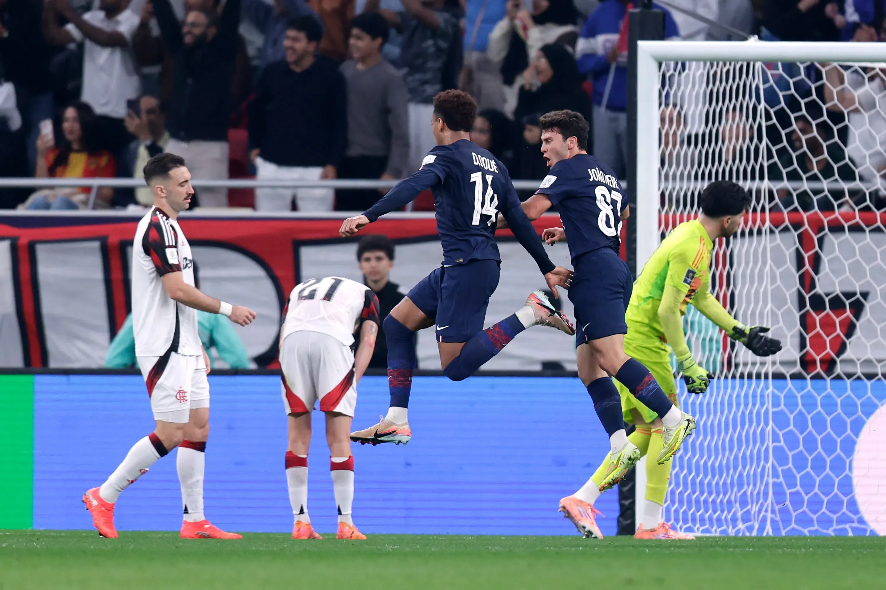 DOHA, QATAR – DECEMBER 17: Desire Doue and Joao Neves of Paris Saint-Germain celebrate their team’s first goal, scored by teammate Khvicha Kvaratskhelia during the FIFA Intercontinental Cup 2025 final match between Paris Saint-Germain and CR Flamengo at Ahmad Bin Ali Stadium on December 17, 2025 in Doha, Qatar. (Photo by Getty Images/Getty Images)