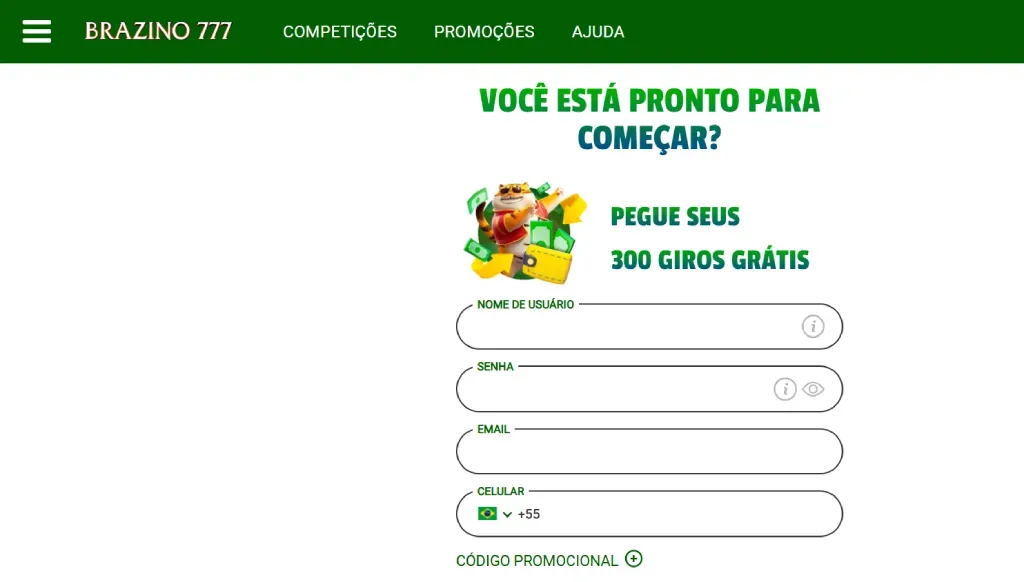 Use o código promocional Brazino777 ao se cadastrar na plataforma | Crédito: Reprodução / Brazino777 Brasil