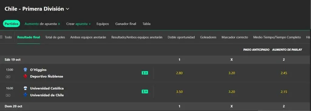 Eventos de la Primera división de Chile. bet365.