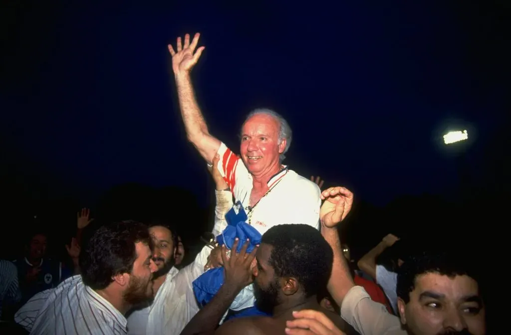 28 Oct 1989:  United Arab Emirates Coach Mario Zagallo celebrates after the World Cup Qualifier against South Korea in Singapore. The match ended 1-1 and both teams qualified. \ Mandatory Credit: Simon Bruty /Allsport