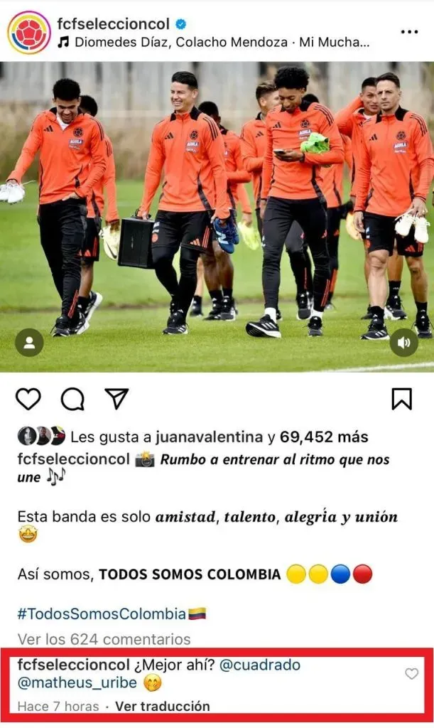 Respuesta de la Selección a Cuadrado. (Foto: Instagram / @fcfseleccioncol)