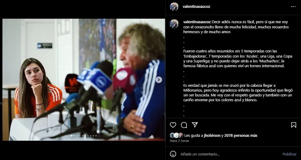 Asistente de comunicaciones de Millonarios deja el equipo. (Foto: Instagram / @valentinasaucoz)