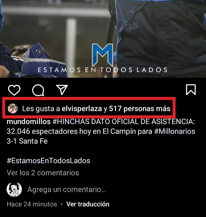 Perlaza apoyó a los hinchas de Millos. (Foto: Instagram / @mundomillos)