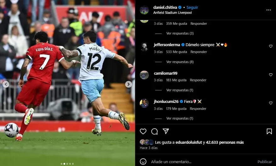 Post de Muñoz tras ganarle al Liverpool. (Foto: Instagram / @daniel.chitiva)