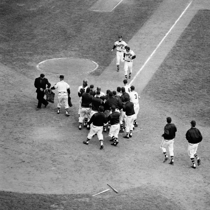 Via Twitter @Braves. Hall of Famer Eddie Mathews hits a walk-off home run in Game 4 of the 1957 World Series.