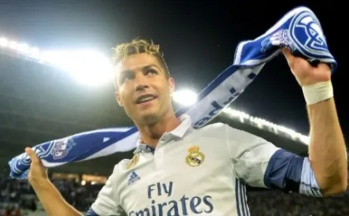 Ronaldo celebrates after winning La Liga with Real Madrid.
