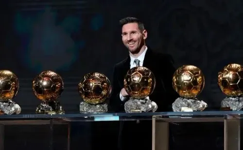 Messi with his Ballon d’Or awards (Getty).