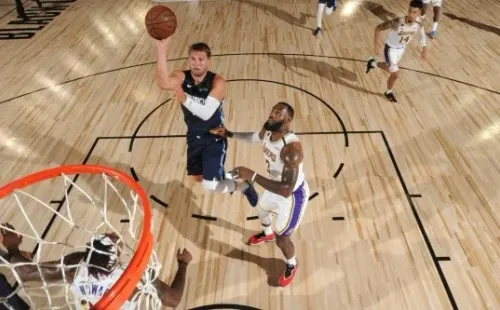 Luka Doncic scoring by LeBron James. (Getty)
