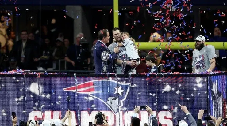 Tom Brady #12 of the New England Patriots celebrates with Vivian Lake Brady after his 13-3 win against Los Angeles Rams during Super Bowl LIII. (Getty)