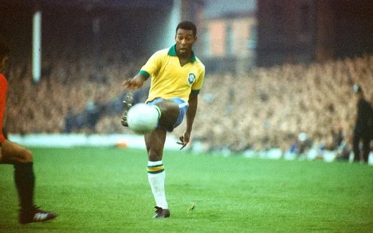 Pele takes a shot for Brazil during a group stage match against Bulgaria at Goodison Park during the 1966 World Cup tournament