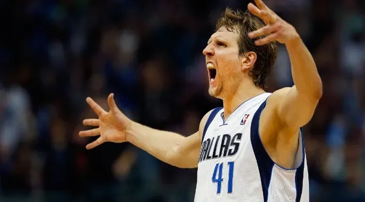 Dirk Nowitzki of the Dallas Mavericks reacts against the Phoenix Suns. (Getty)