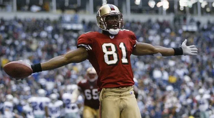 Terrell Owens of the San Francisco 49ers celebrates after scoring a touchdown against the Dallas Cowboys. (Getty)
