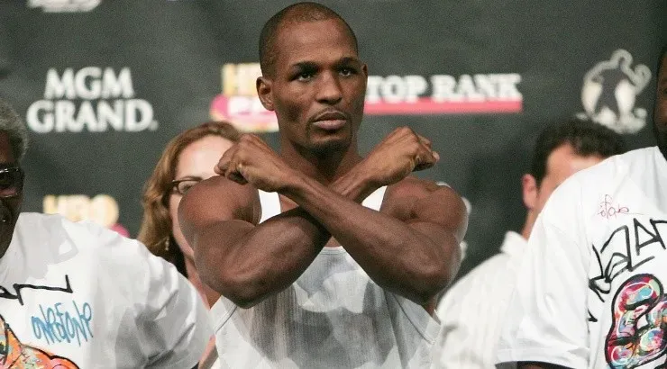 Bernard Hopkins gestures to the crowd before a weigh-in in 2004. (Getty)