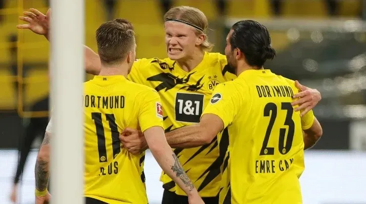 Marco Reus of Borussia Dortmund celebrates with Erling Haaland and Emre Can after scoring their sideās first goal during the Bundesliga match between Borussia Dortmund and 1. FC Union Berlin (Getty)