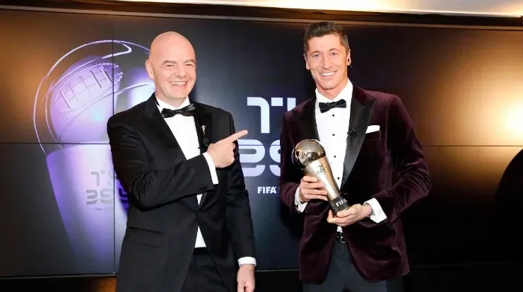 After amassing 55 goals in 47 games, Lewandowski won the FIFAâs The Best award in 2020 (Getty).