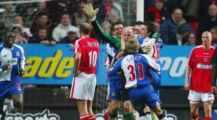 Brad Friedel of Blackburn Rovers celebrates after he scores. (Getty)