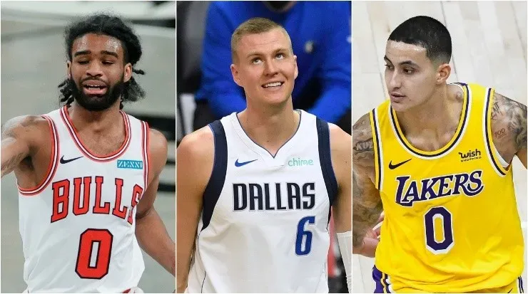 Coby White (left), Kristaps Porzingis (center), and Kyle Kuzma. (Getty)
