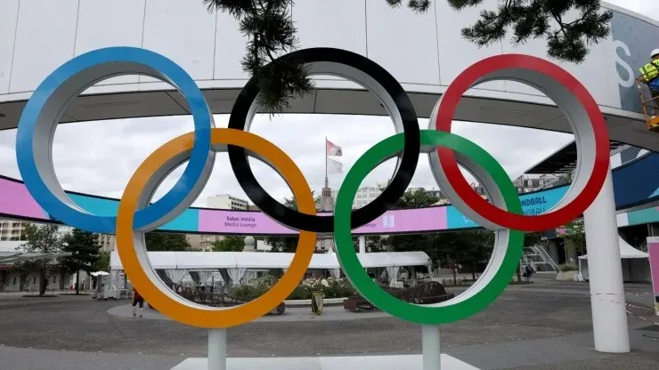The Olympic Rings are seen near the entrance to the South Paris Arena on July 22, 2024 in Paris, France. Handball, Table Tennis and Volleyball competitions will be held here during the Paris 2024 Olympic Games.